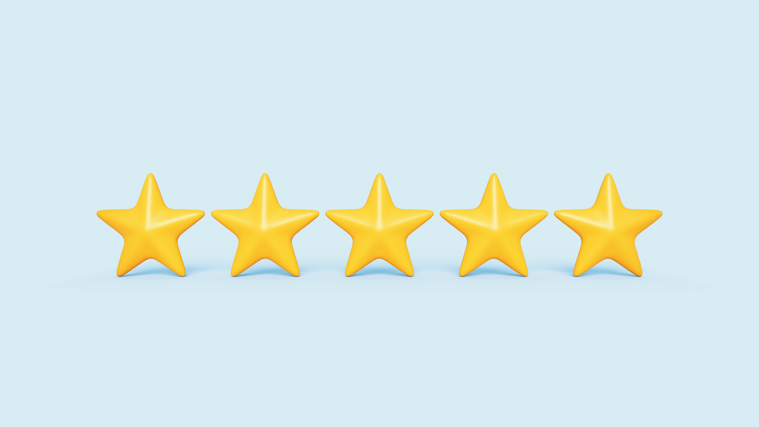 Five golden rating stars standing on light blue background. 3d render illustration